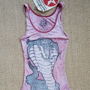 JUNKER DESIGNS WOMENS SHEER RED COBRA GUN TANK TOP